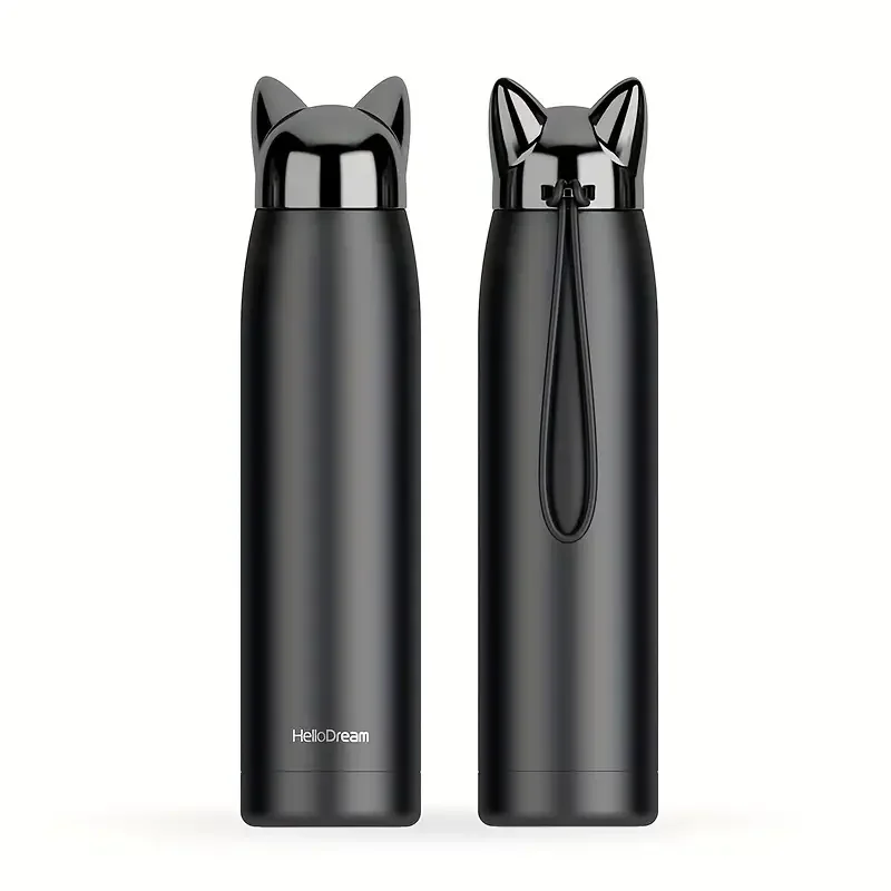 3 Colors Double Wall Vacuum Flask Cute Car Ear Stainless Steel Water Bottle With Rope