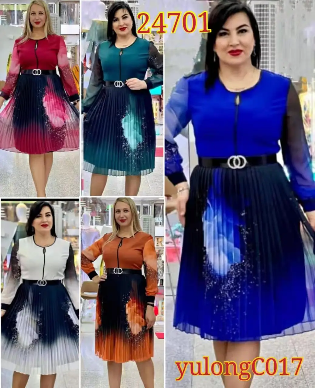 Lady Fashion Patchwork Long Sleeve Ink Painting Print Casual Pleated Dress