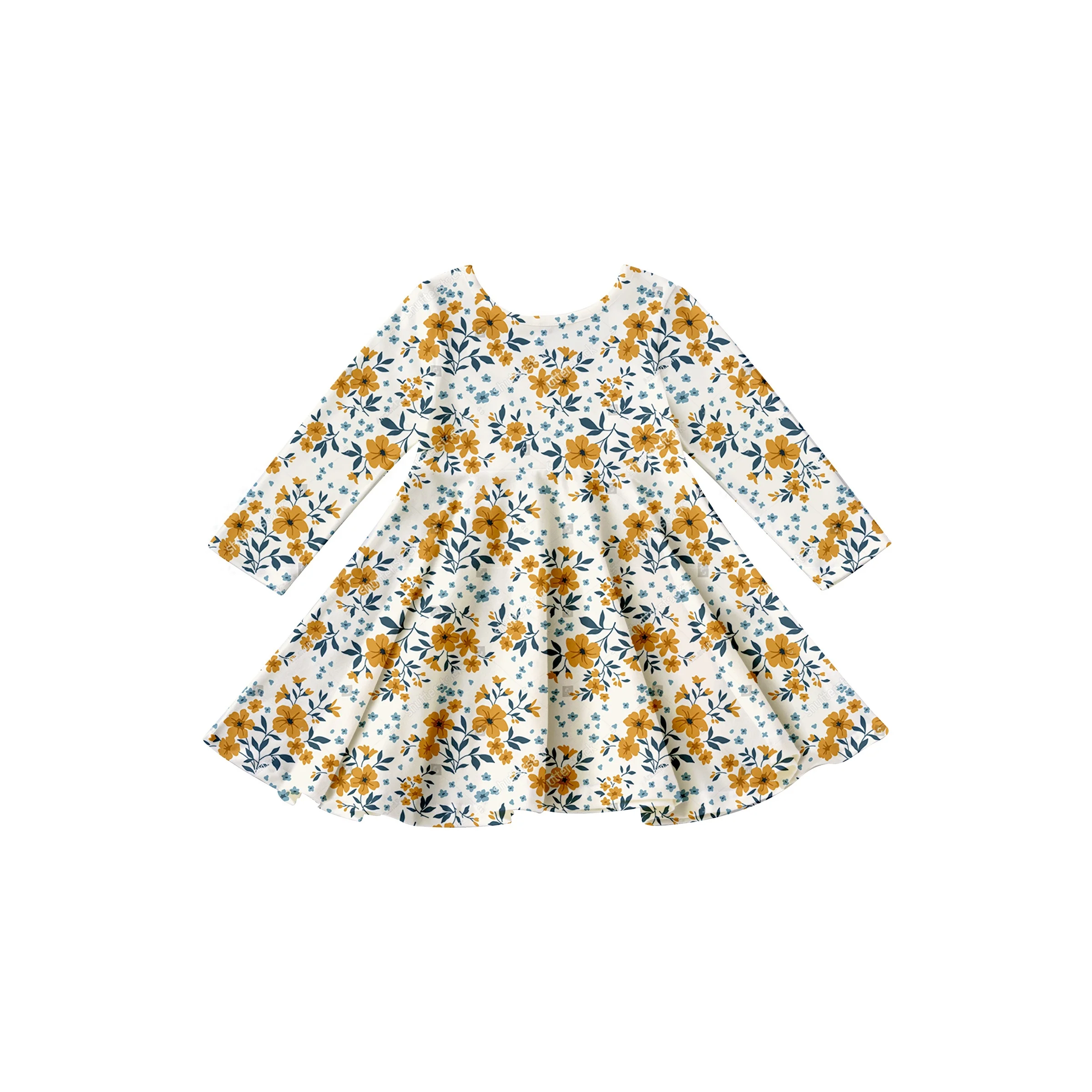 Girlymax 2023 Spring colorful  Floral Long Sleeve and Knee Length Baby Girls dresses