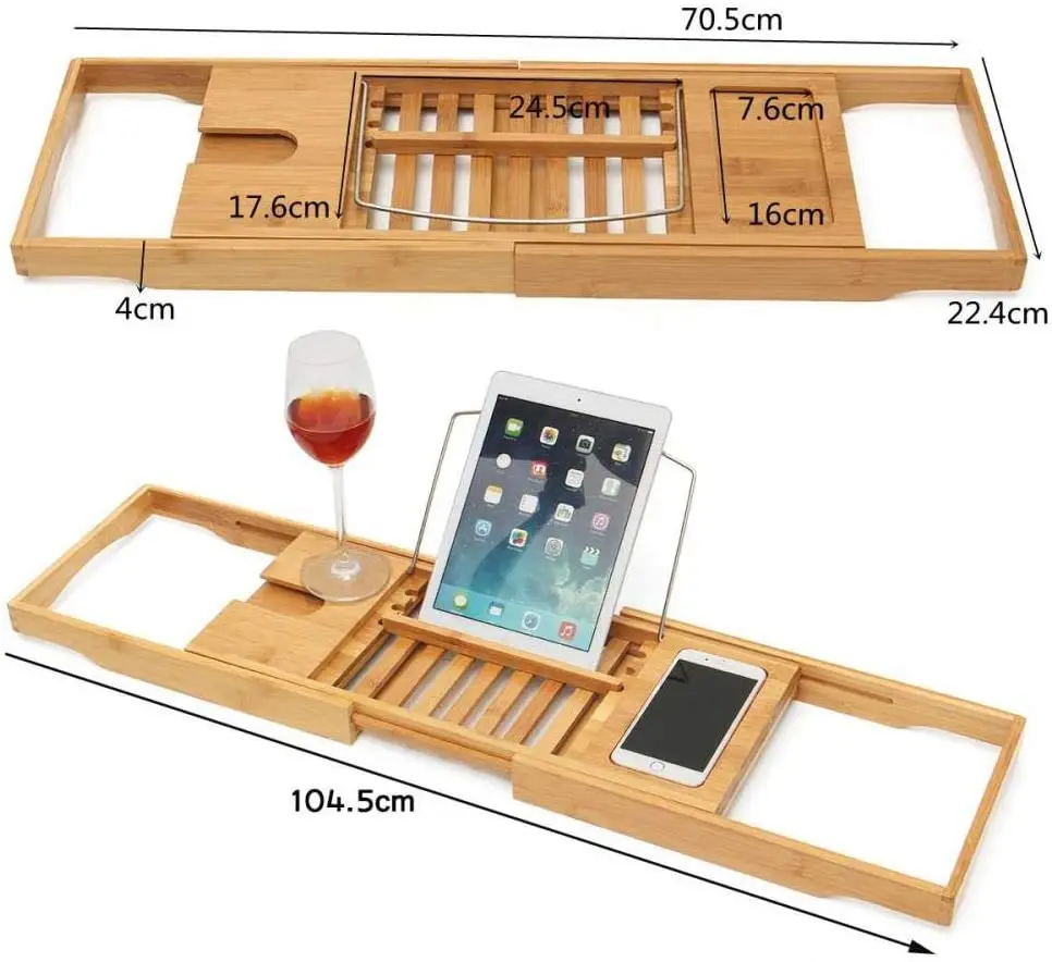 Expandable Bamboo Bathtub Caddy Adjustable Wooden Serving Tray and Organizer for Any Size Bath Tub