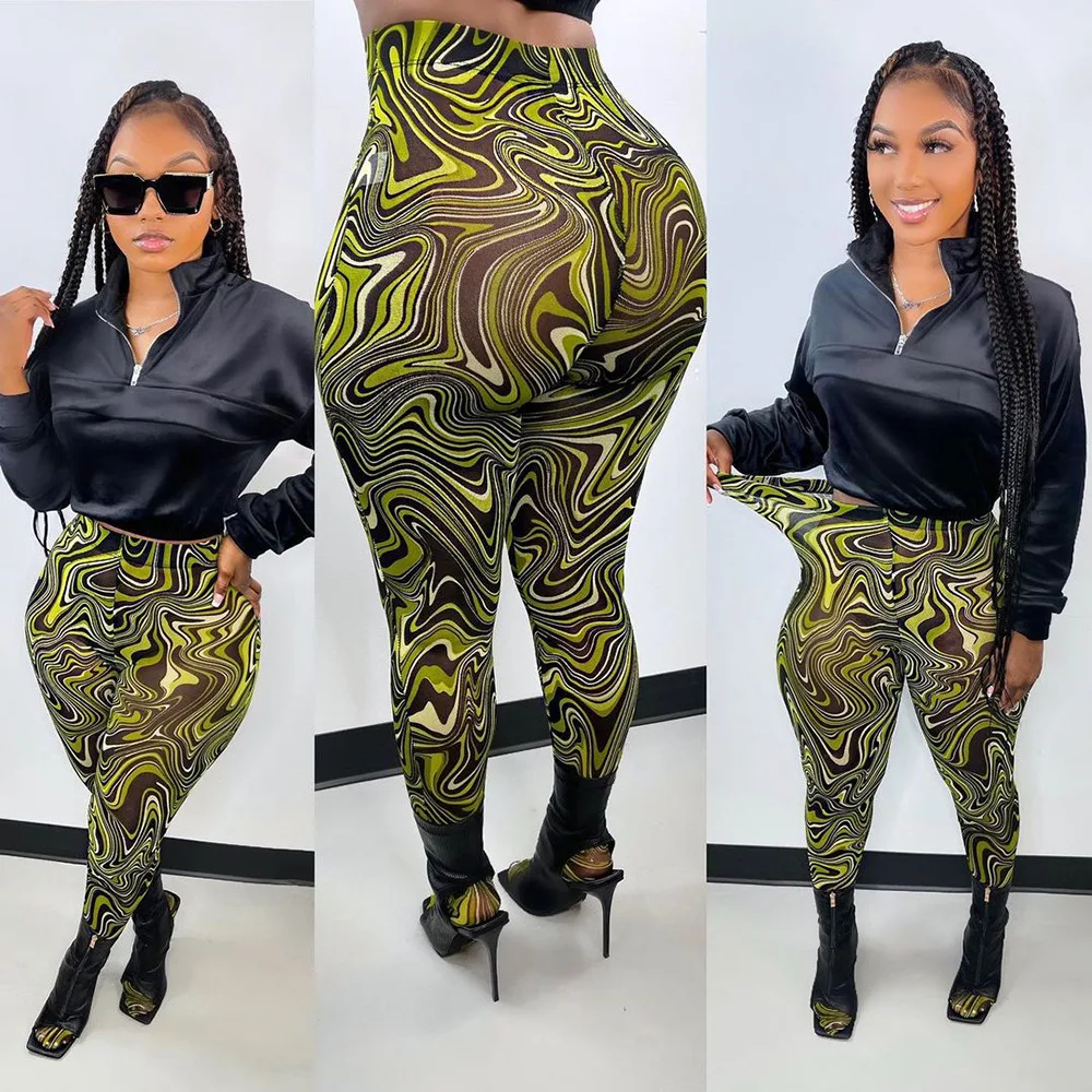 KZH1013 spring 2022 women s clothing fashion pattern printing sexy high waist casual slim fitting pants leggings