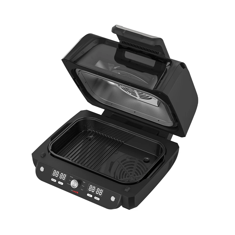 12 in 1 Smokeless Indoor BBQ Grills Air Fryer Electric Grill with Alu Basket Alu Diecasting Cooking Pot Glass Lid Cleaning Brush