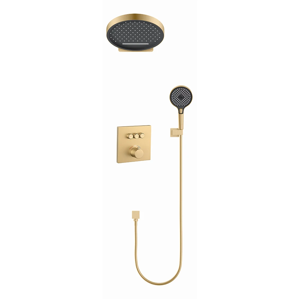 Brush Golden Finished Round Thermostatic Shower Solid Brass Three Function Shower Set Faucet