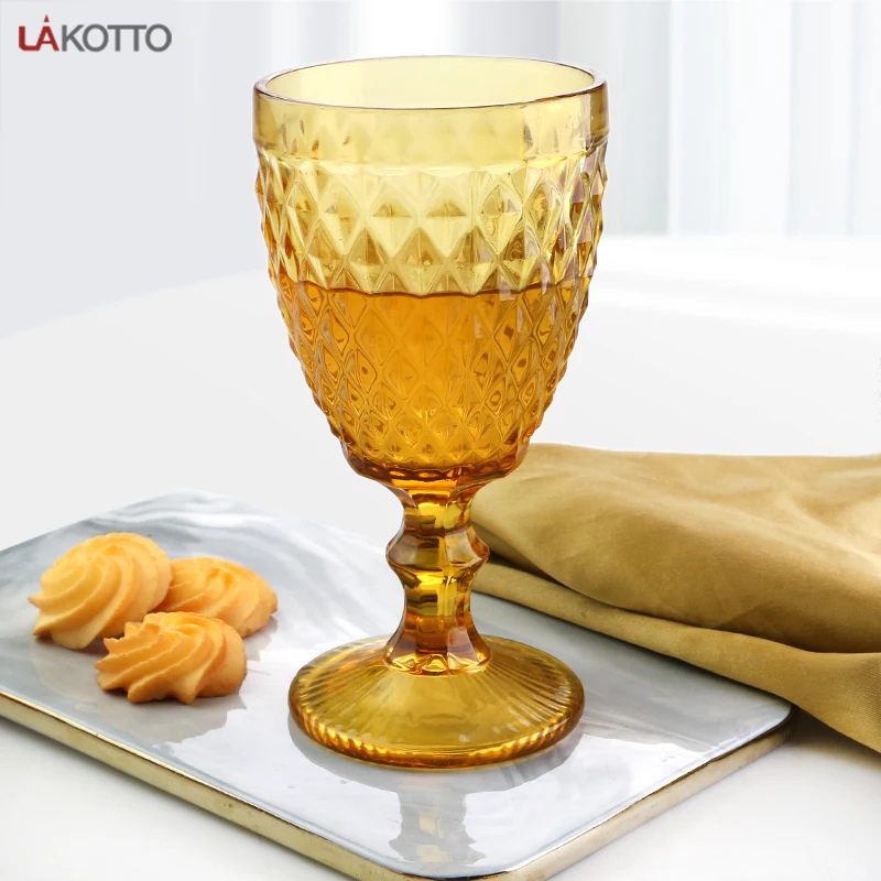 Color Embossed Engraved Glass Wine Drinking Goblet European Style Vintage-inspired Pattern light amber water goblets