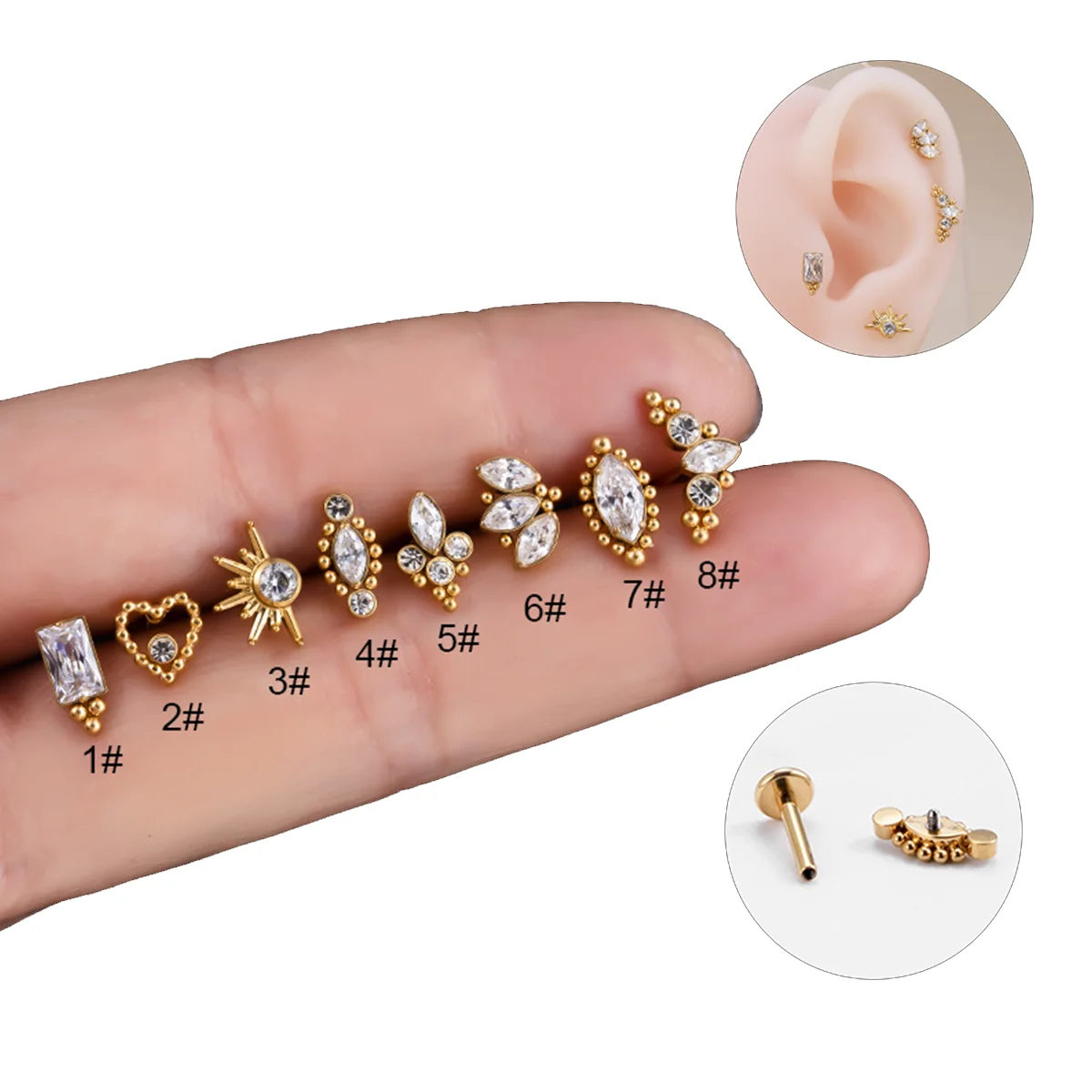 ASTM F136 Titanium Lip Studs Piercing Jewelry Flat Back Internally threaded G23 Titanium CZ Cartilage Earring Lip Ring