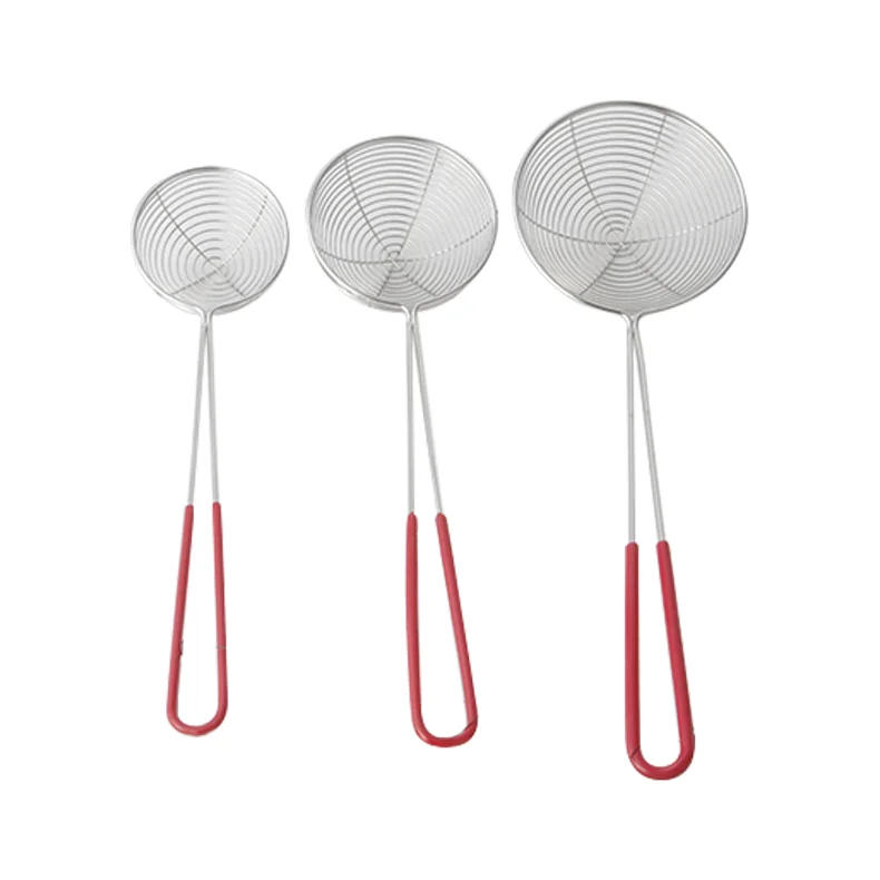 Commercial Wholesale Stainless Steel Kitchen Gadgets Small Mesh Sieve Round Food Strainers With Red Handle