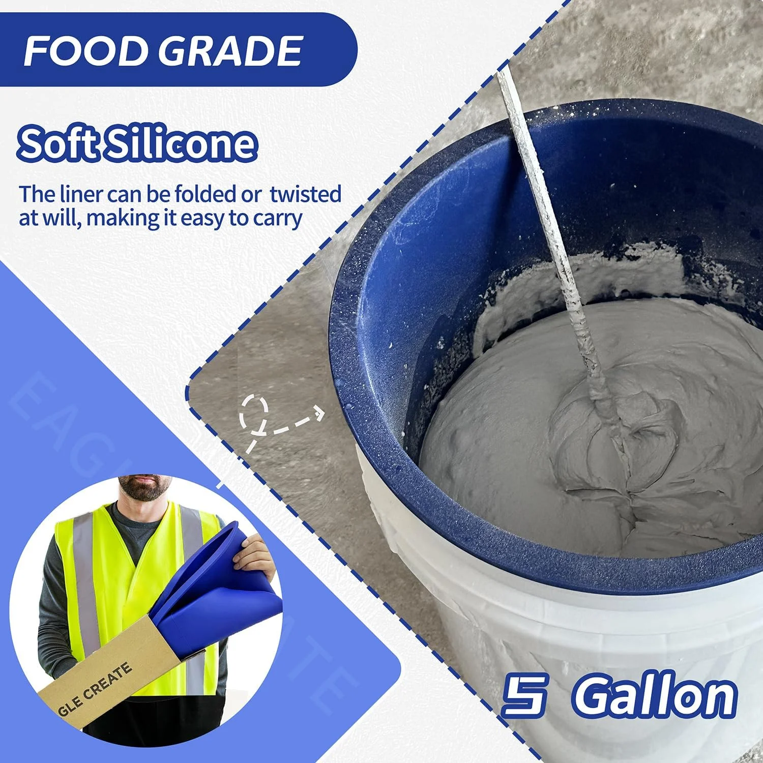Silicone 3.5 Gallon and 5 Gallon Bucket Liner for Concrete Mix Mud Food Storage and Paint-2 PCS Reusable Rubber Bucket Saver