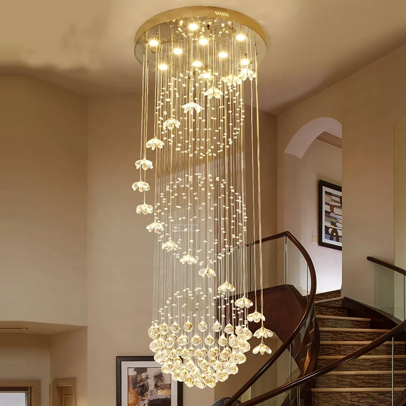Custom hotel chandeliers ceiling lights modern led ceiling large long staircase gold luxury crystal chandelier pendant light