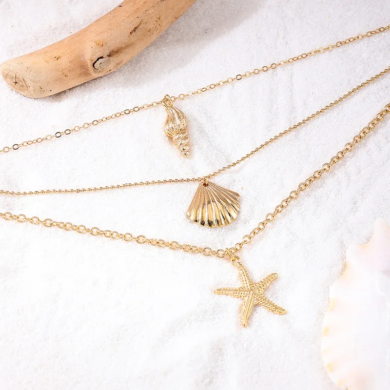 Vintage Gold Conch Shell Necklace Triple Layer Cable Chain Stacked Starfish Necklace for Women Beach Vacation Party Jewelry