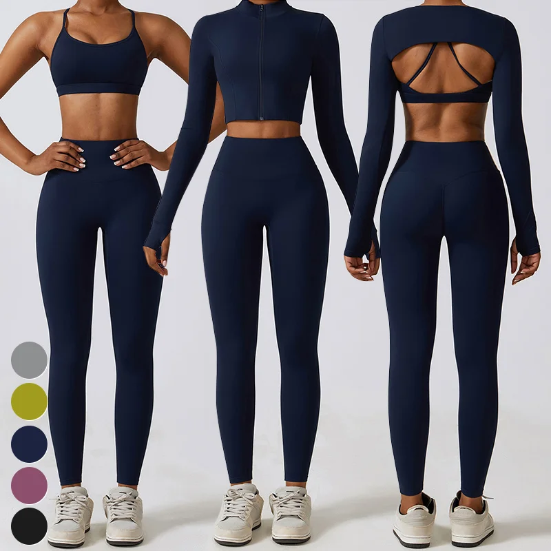 High Quality Sportswear 3 Piece Suit Quick Dry Breathable Women Clothing Gym Fitness Sets Sports Bra Crop Top Leggings Yoga Set
