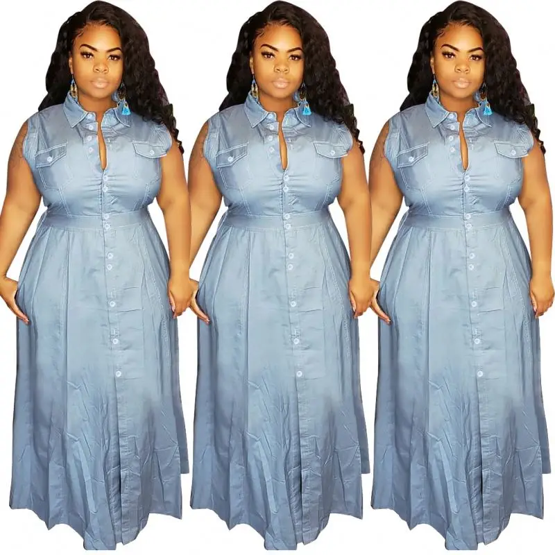 
Womens clothing 2021 summer dress plus size women clothing Large size button washed denim dress wholesale hejJ5034 