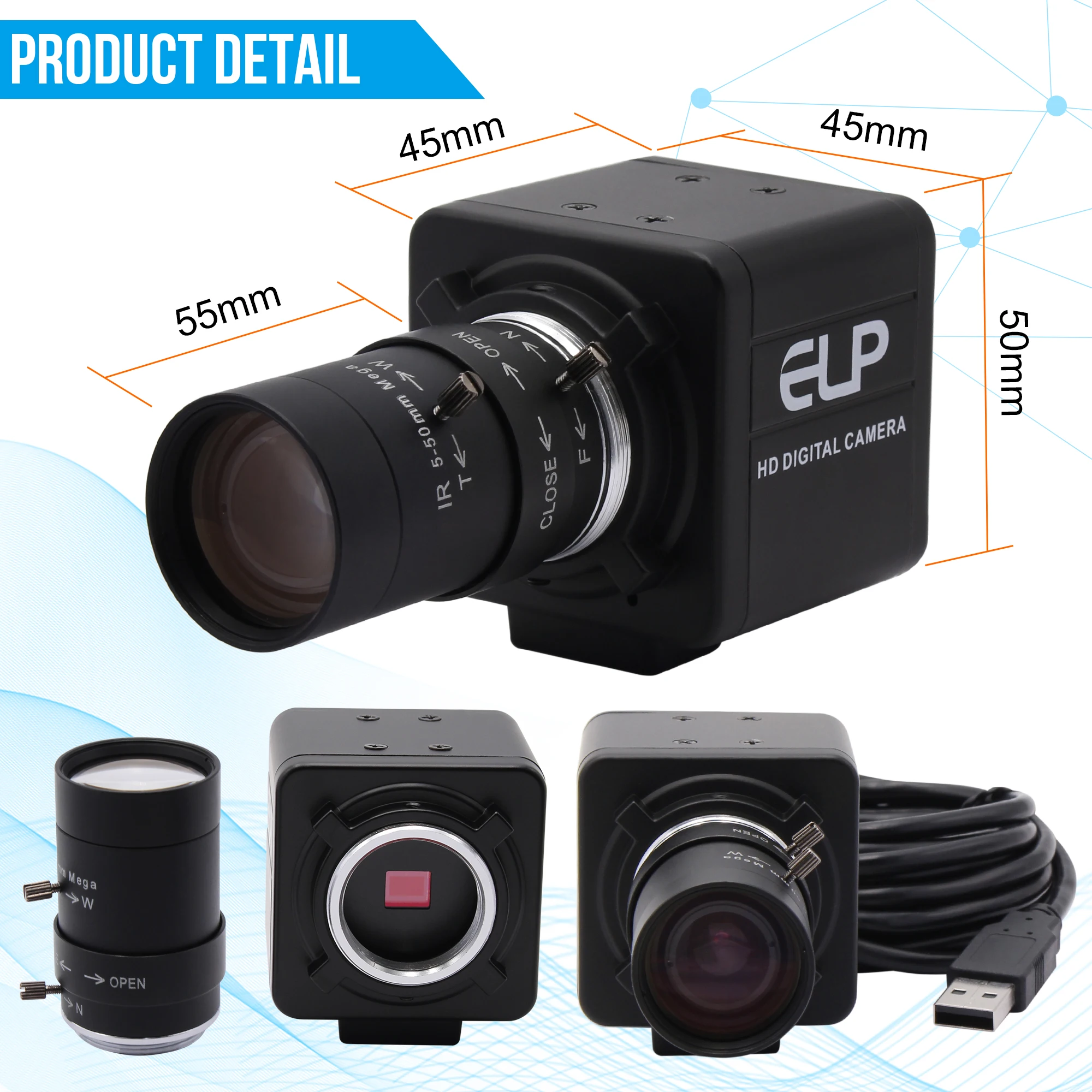 ELP AR0144 1280*720 60fps global shutter usb camera black and white with 5-50mm varifocal lens for industrial inspection