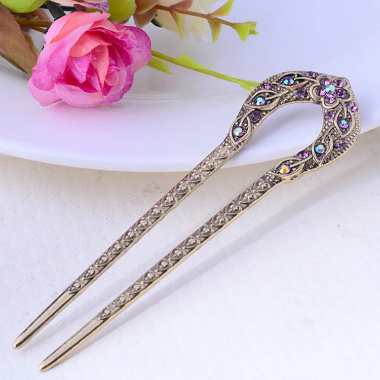 Vintage Hair Accessories Antique Bronze Plated Hairpins U shape Hair Stick Pin Women Rhinestone Flower Hair Jewelry
