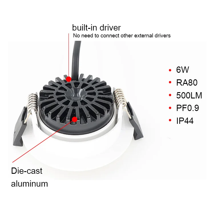Commercial Indoor IP44 4000K Round White DOB Spot Down Light Fixture 6W COB Dali Dimmable Recessed Led Downlight For Housing