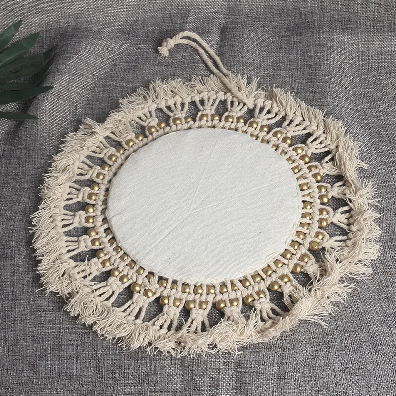 Handwoven Macrame Fringe Cotton Hanging Round Mirror Home Decoration Christmas Gift Boho with Beads