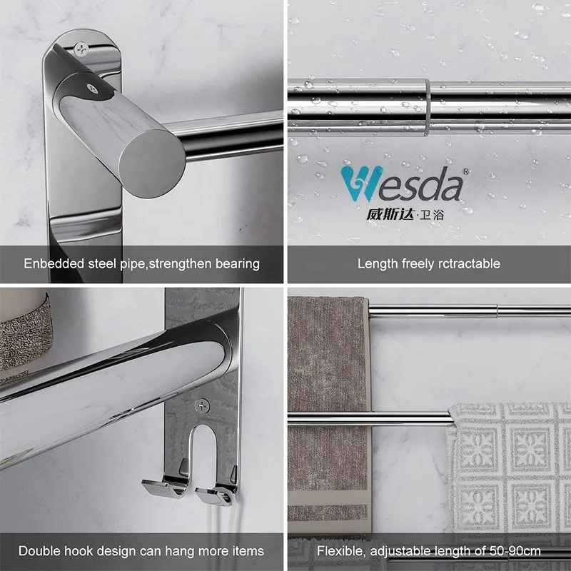 Wholesale Bathroom Towel Ladder Pendant Rod Rails 304 Stainless Steel Balcony Freely Retractable Bar Towel Rack with Hooks