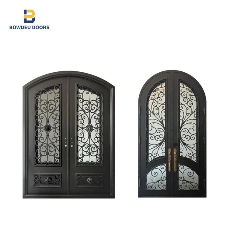 Modern double security door wrought iron entrance security steel front entry door with glass