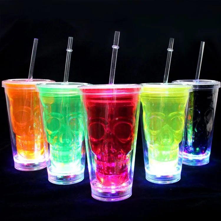 16oz Led Halloween Double Walled Plastic Tumbler with Lid and Straw Plastic Skull Mug