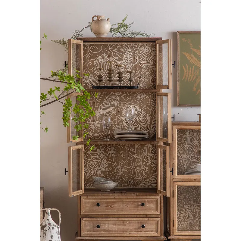 French Country Style Vintage Decor Home Kitchen Furniture Wooden Frame Glass Door Tall Kitchen Cabinet Designs