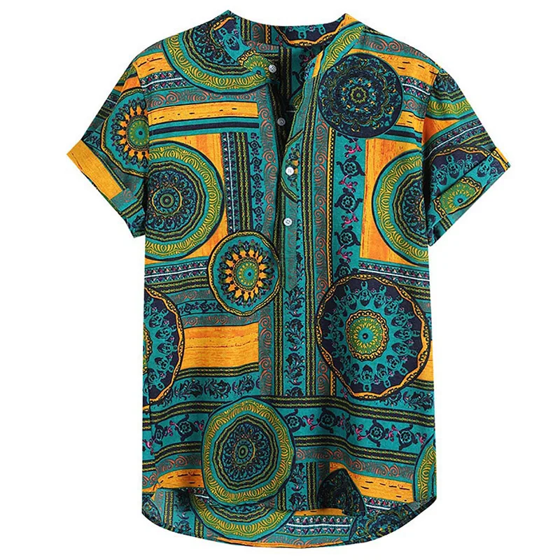 Custom Breathable abstract colorful print mandarin short sleeve collar men shirt