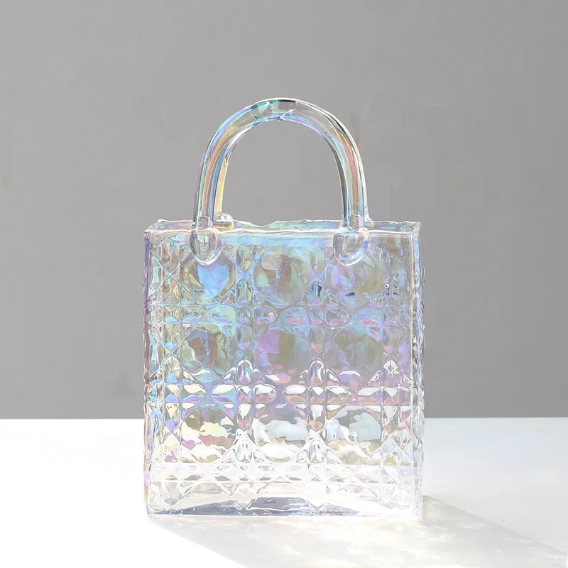 Bixuan Cuboid Hand Bag Vase Modern Flower Arrangement Purse Vase Unique Fishbowl Table Decor Gift Diamond Pattern Glass Vases