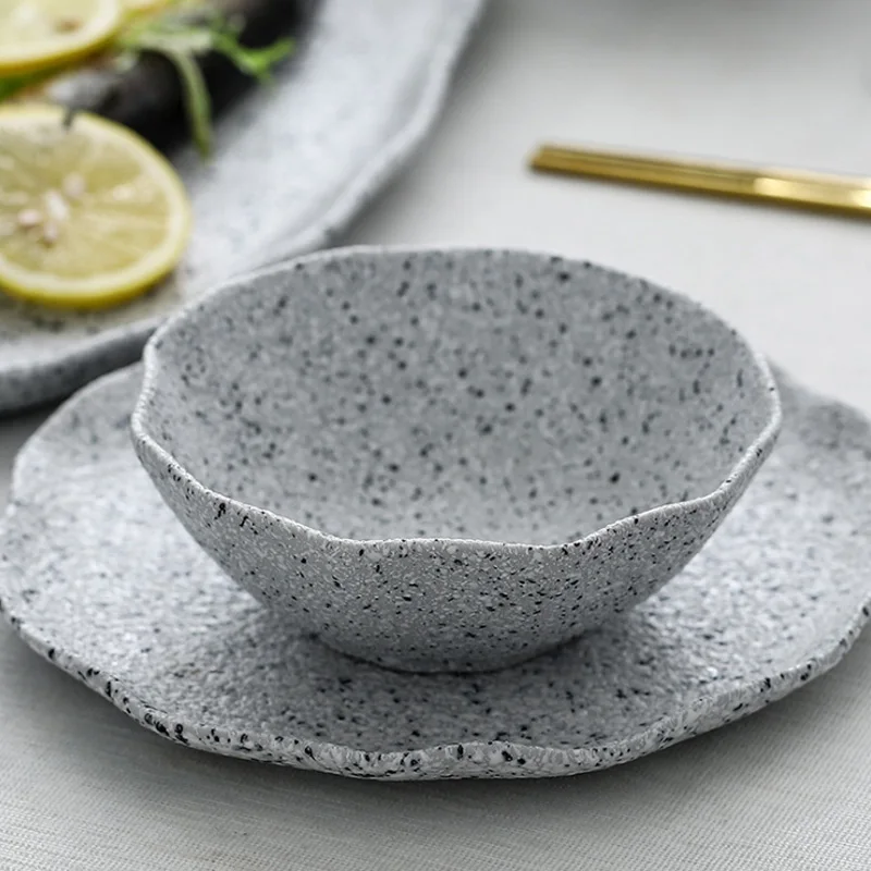 Household Kitchenware Ceramic Granite Grain Plate and Bowl Set Flounce Tableware