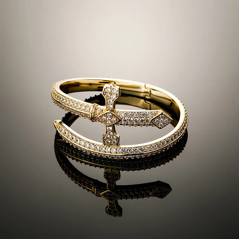 Hip Hop Men Women Bracelet Bangle Jewelry 18k Gold Plated Iced Out Bling CZ Retro Sword Bangle