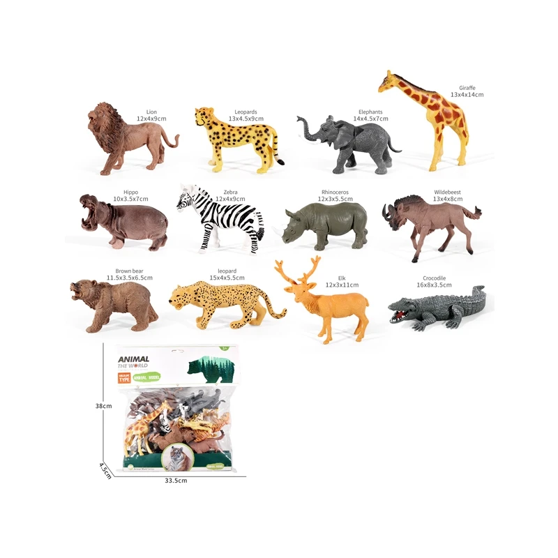12 in 1 Plastic Soft PVC Material 14CM 3D Simulation Wild Animals Toy Play Set Small Elephant Rubber Toy for Kids