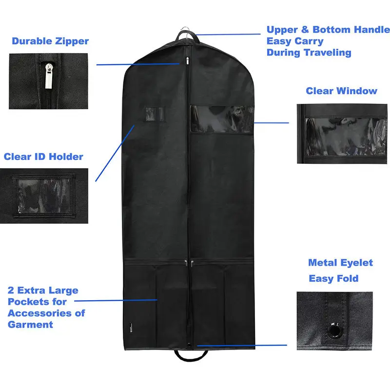 Custom 60Inch Heavy Duty hanging garment bag Suit Cover with Pocket for Suits Tuxedos Dresses Coats