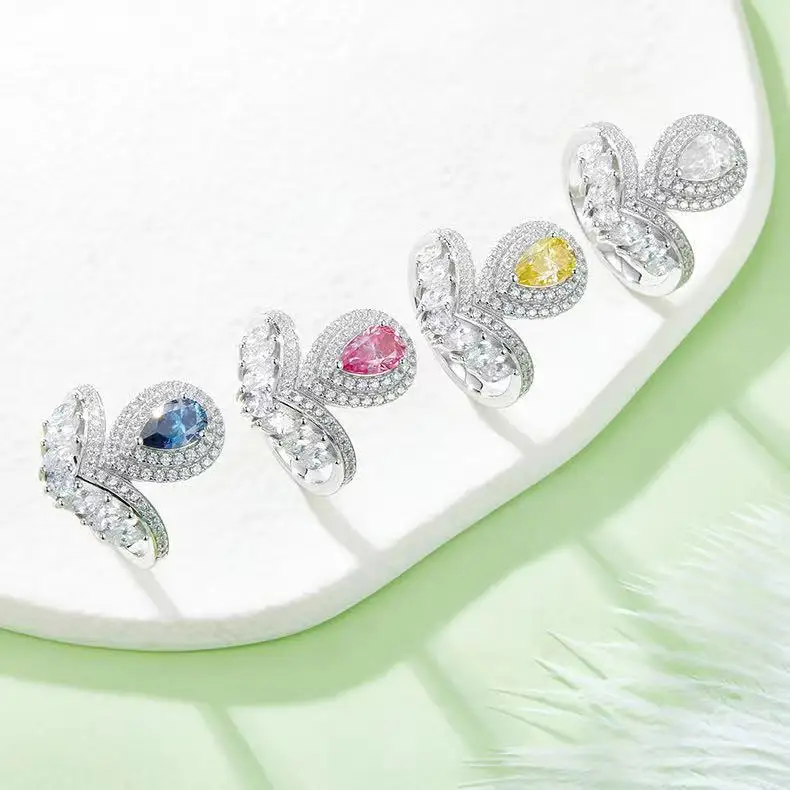 1carat 925 silver jewelry s925 plated white gold engagement vvs diamond rings yellow pink blue pear marquise cut moissanite ring