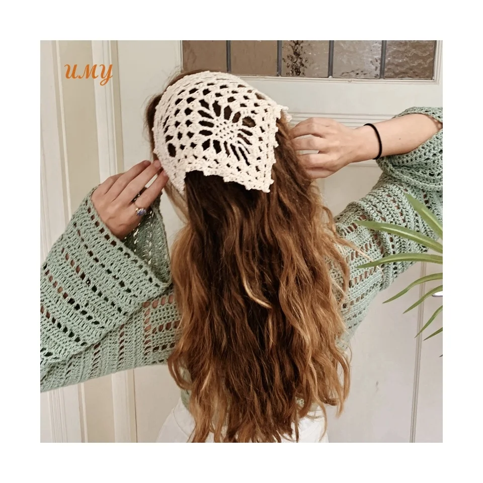 Customize Girl Fashion Floral Headband Crochet Granny Squares Bandana Custom Cotton Scarf Accessories Kerchiefs Boho Hair Bands