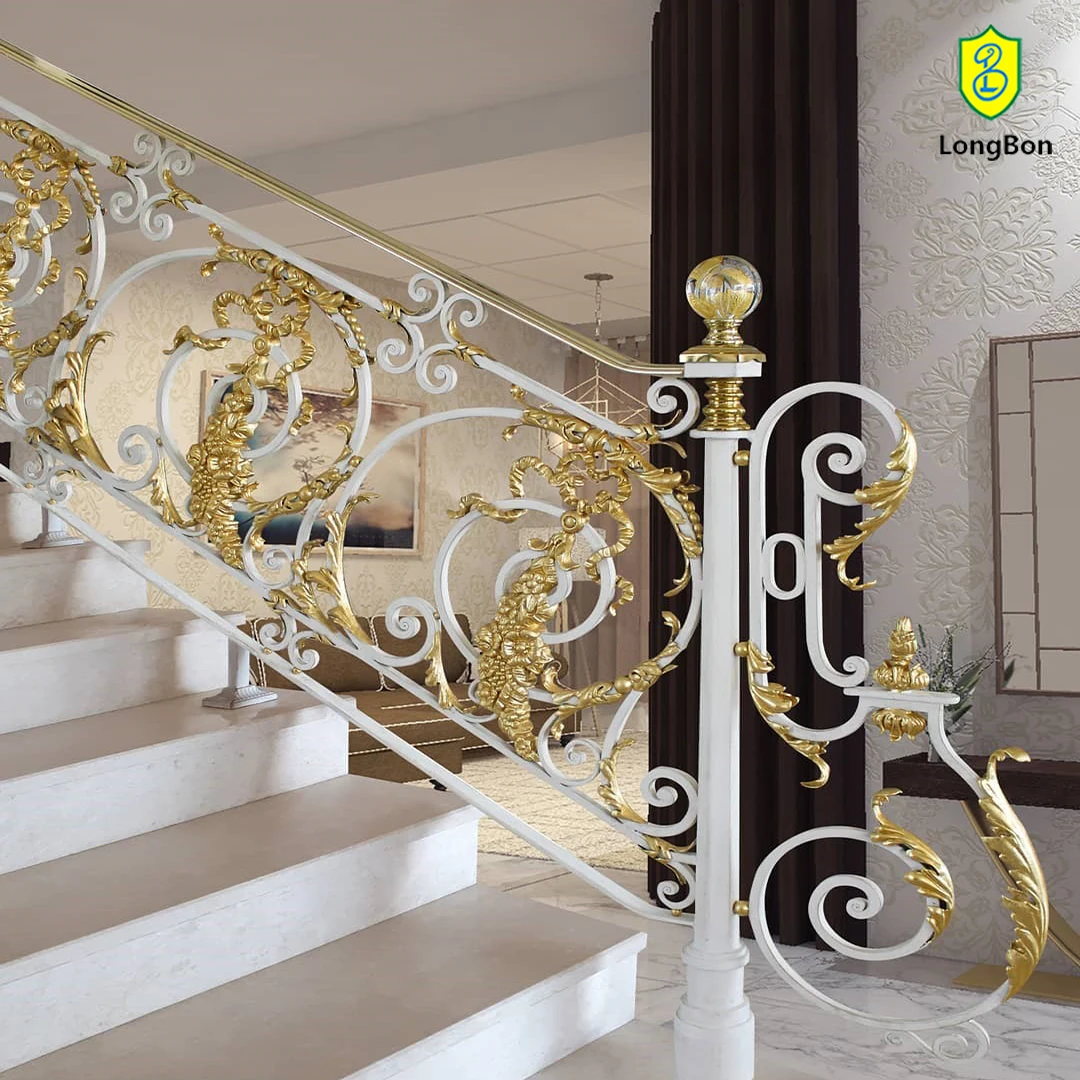 Wrought Iron Balcony Railing Design Metal Stair Handrail Gold Color Stair Handrail Fence Baluster