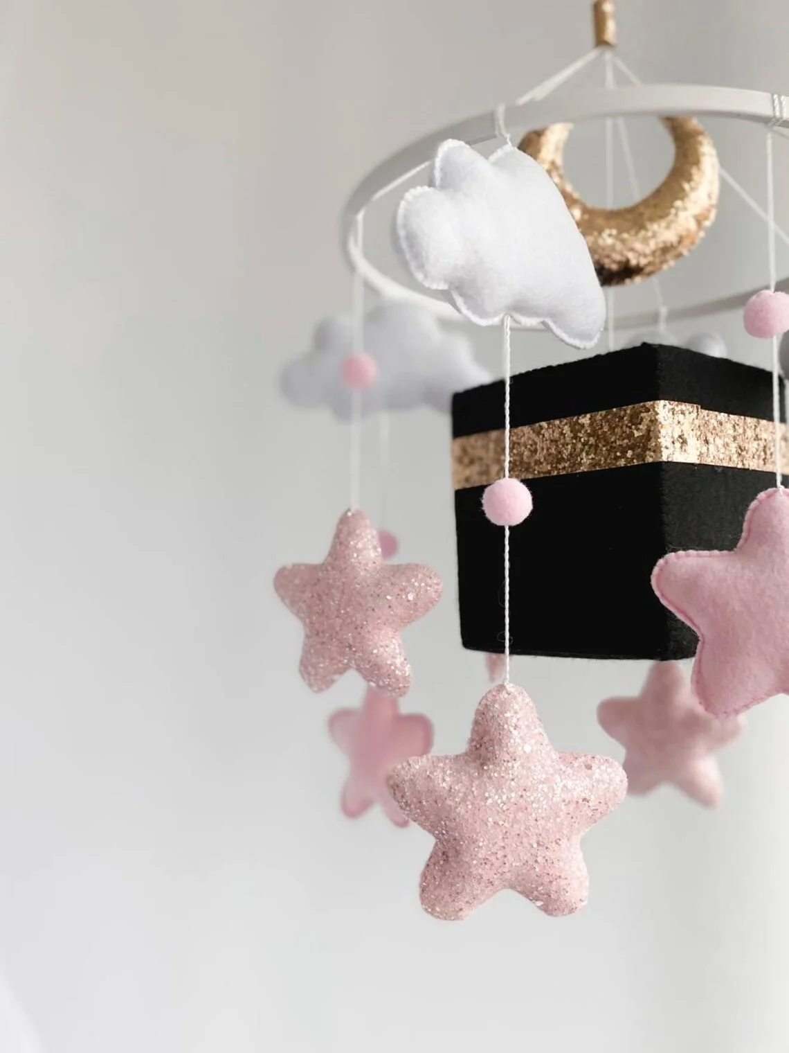 nursery decoration handmade pink soft islamic baby toys cube kaaba felt musical quran crib mobile for baby cot