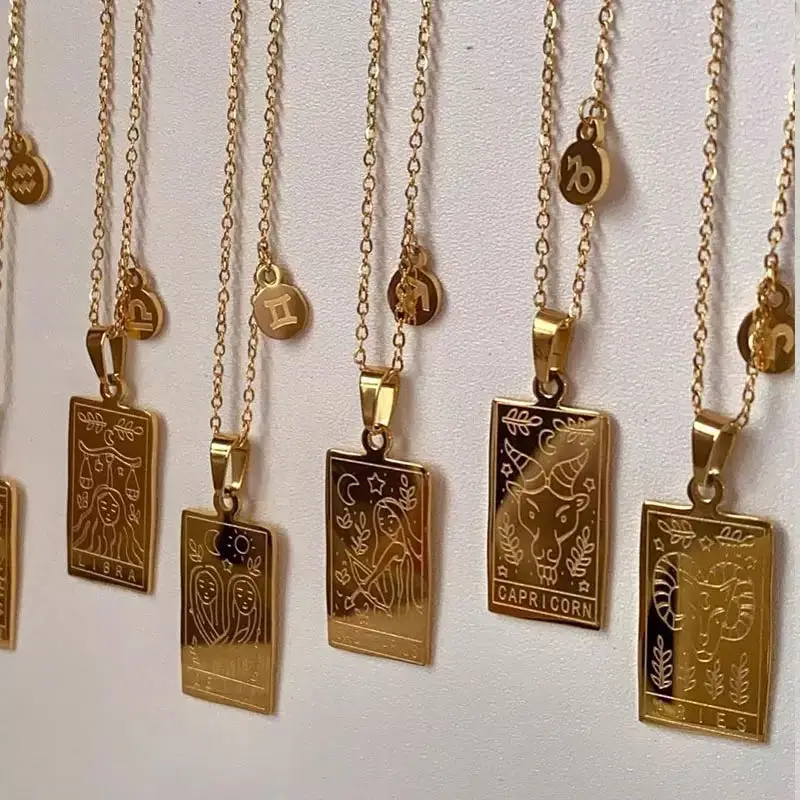 Astrology Square 12 Zodiac Tarot Card Deck Jewelry Gold Stainless Steel Zodiac Sign Pendant Necklace