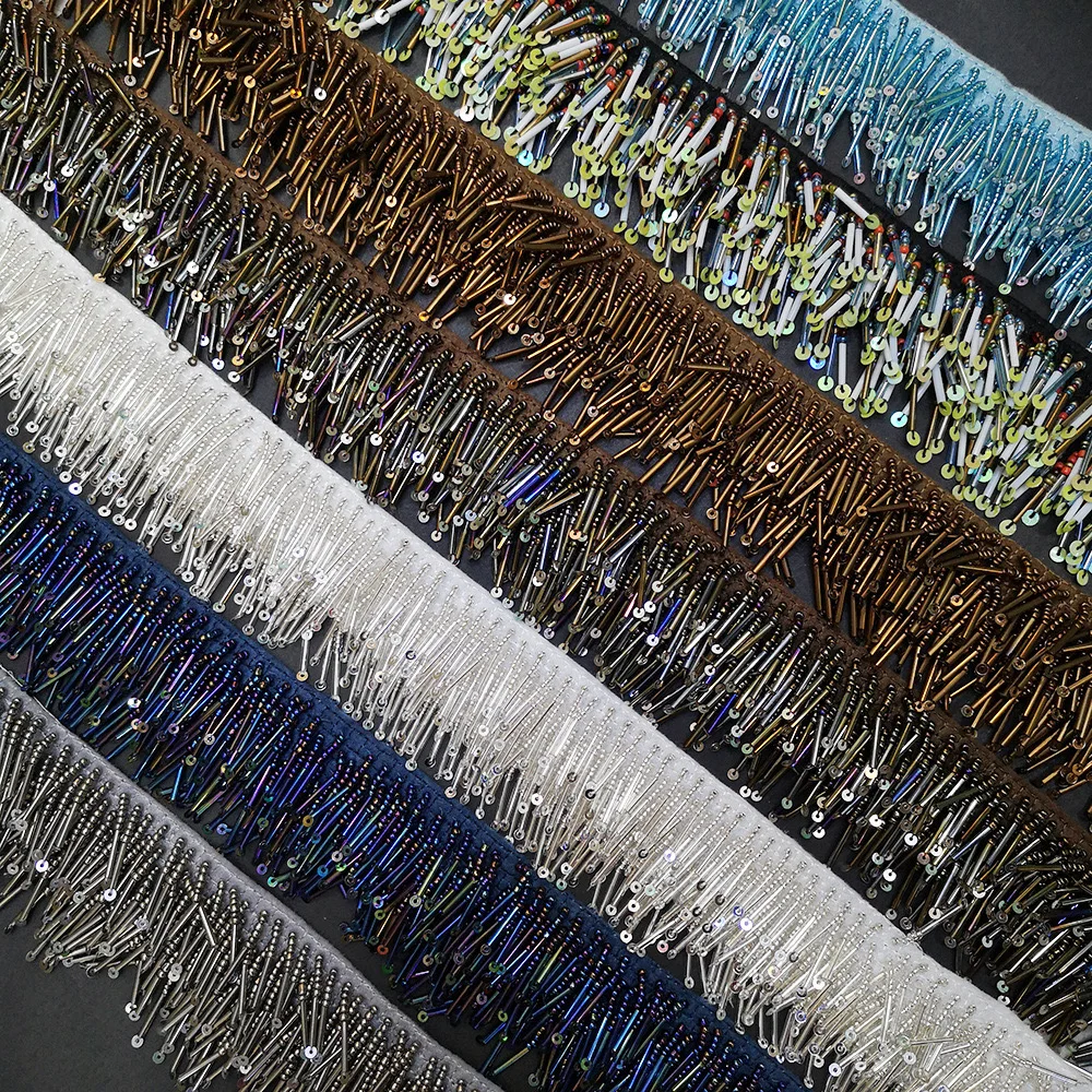 Custom Crystal Beaded Lace Fringe Trim Handmade Sequin Beads Tassel Fringe Lace Clothing Accessories