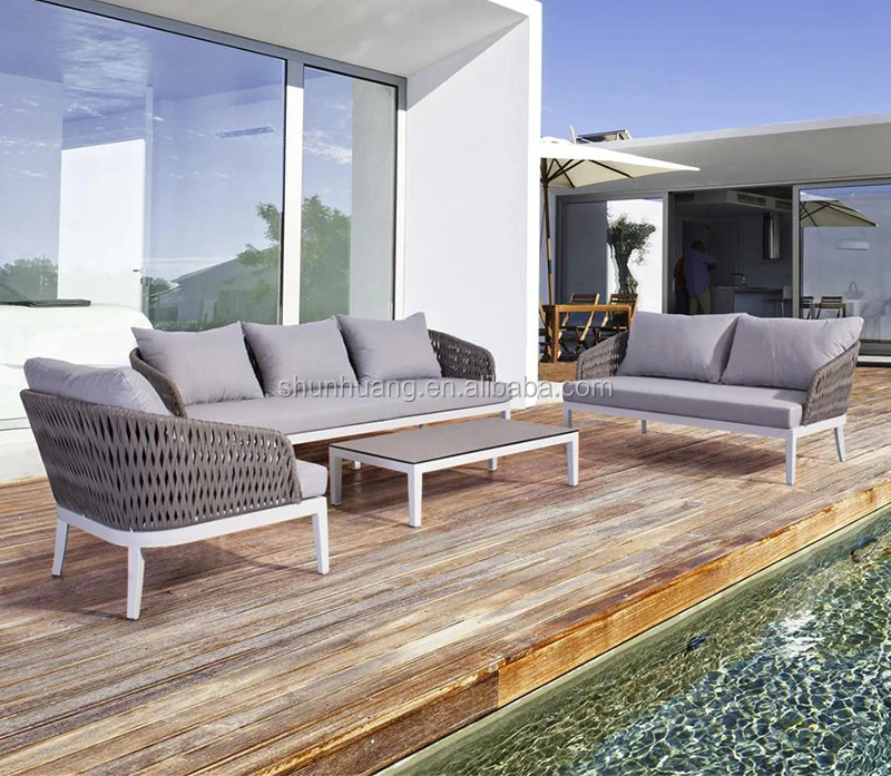 High-end market modern outdoor aluminum rope sofa set waterproof soft gray cushion for poolside leisure sofa set furniture