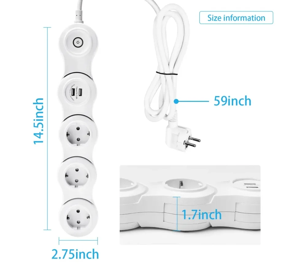 3 Outlets Flexible usb power strip for european