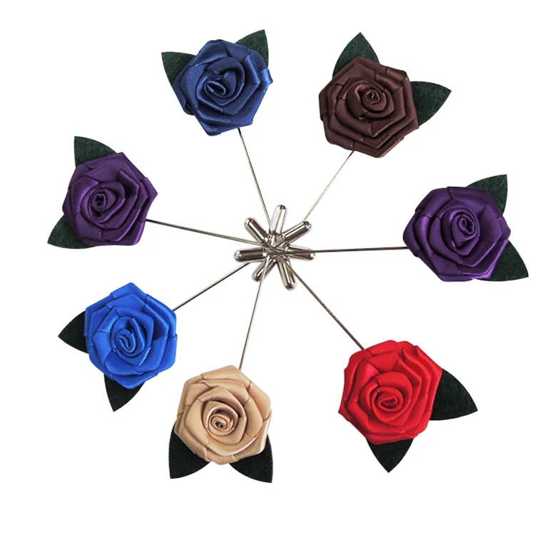 Custom Fabric Handmade Rose Golden Flower Pin Garment Accessories For Mens Ribbon Flower Brooch