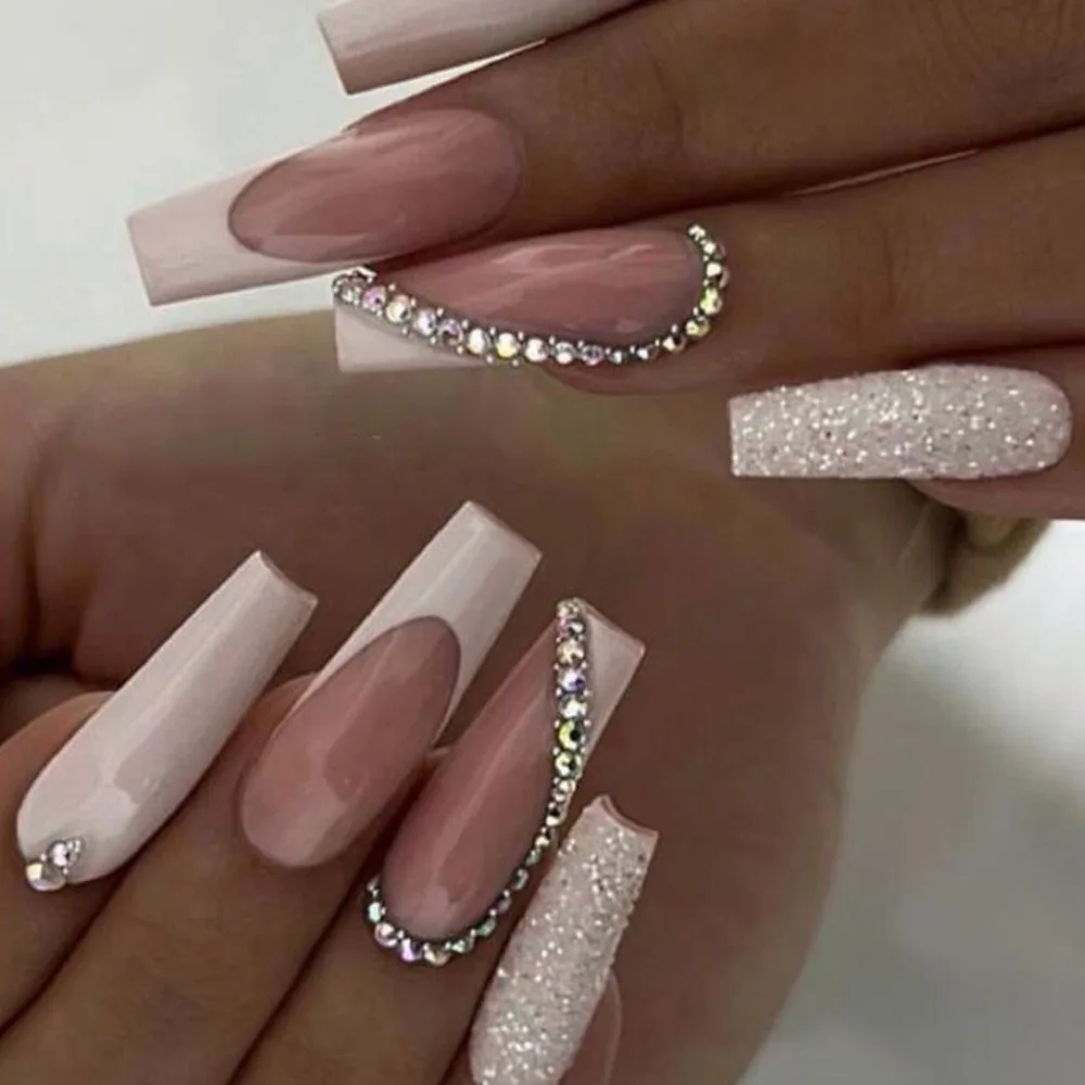 Private Label 24 PCS Acrylic Nails press on French Coffin Gradient Pink Diamond Press On Nails Wholesale Artificial Fingernails