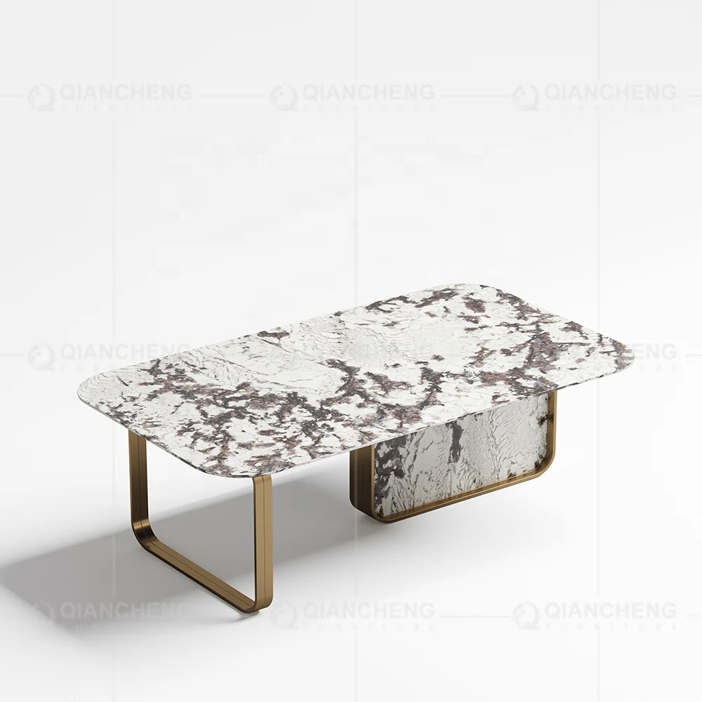 Современный журнальный столик из золотистой стали и мрамора в новом дизайне для гостиной