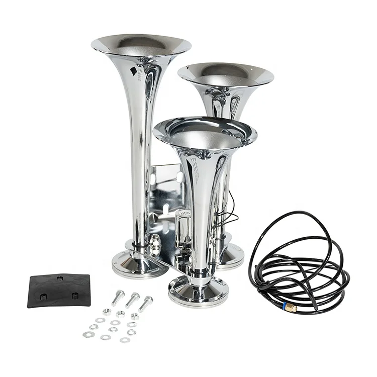 Wholesale chrome three trumpet musical truck parts air horn with 12 volt solenoid valve