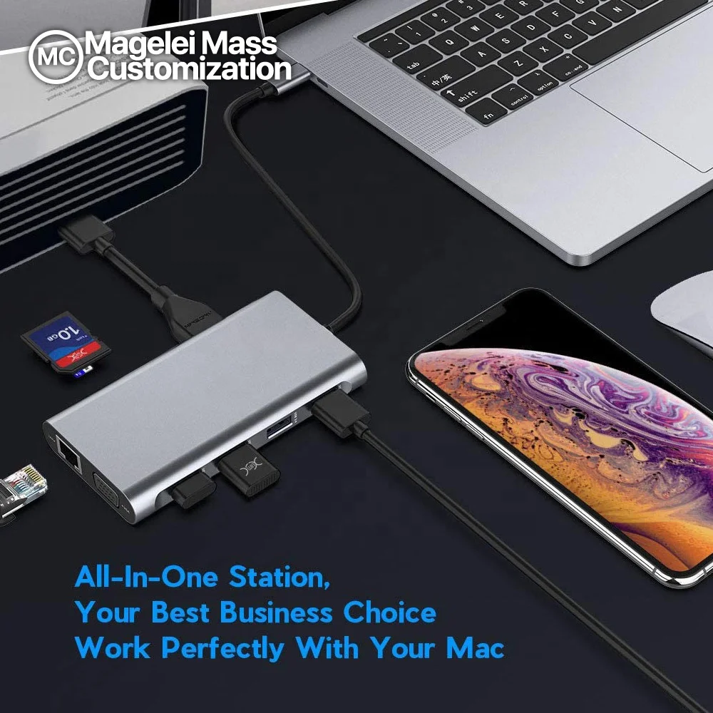 Usb-концентратор Dual Core 4K HDMI VGA 4 порта USB 100W PD RJ45 Ethernet/SD/устройство для считывания с tf-карт 11 в 1 взаимный обмен данными между компьютером и периферийными устройствами Type C концентратор док-станция