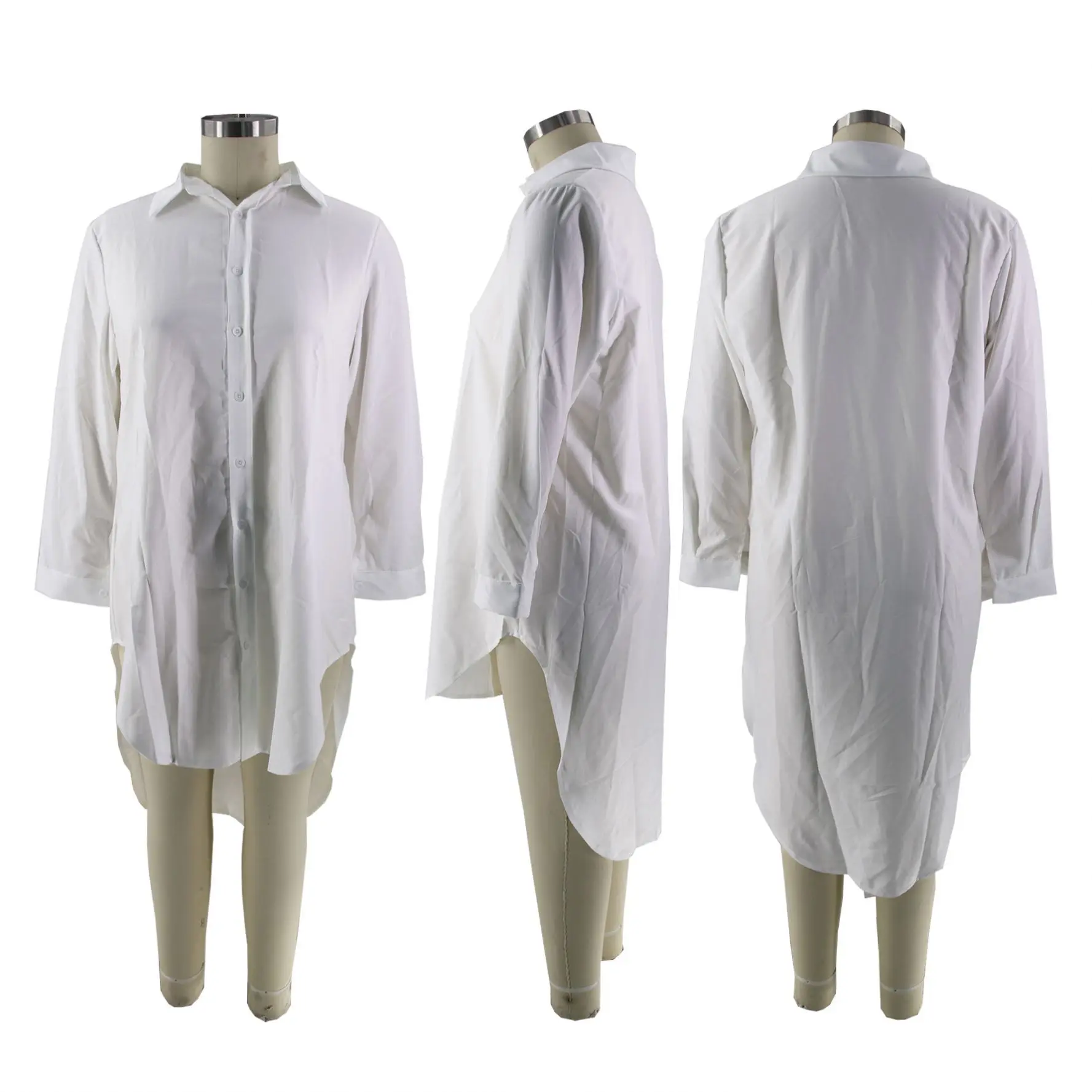 Ladies L-5XL Solid Plus Size Shirt Dress Blank White Fat Woman Long Sleeve Single Breasted Dresses Oversized Women Clothing