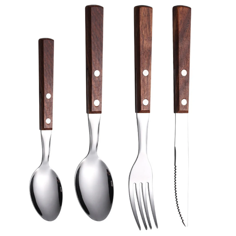 Wood Handle Tableware Spoons Forks and Knives 4Pcs Silverware Stainless Steel Flatware Cutlery Set