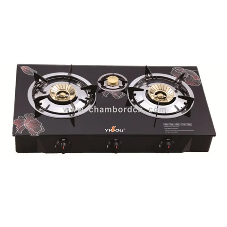 
Foshan factory supply Cooking Appliance Tempered Glass Table gas cooktop with Cast Iron 3 Burner & Brass flame cover 