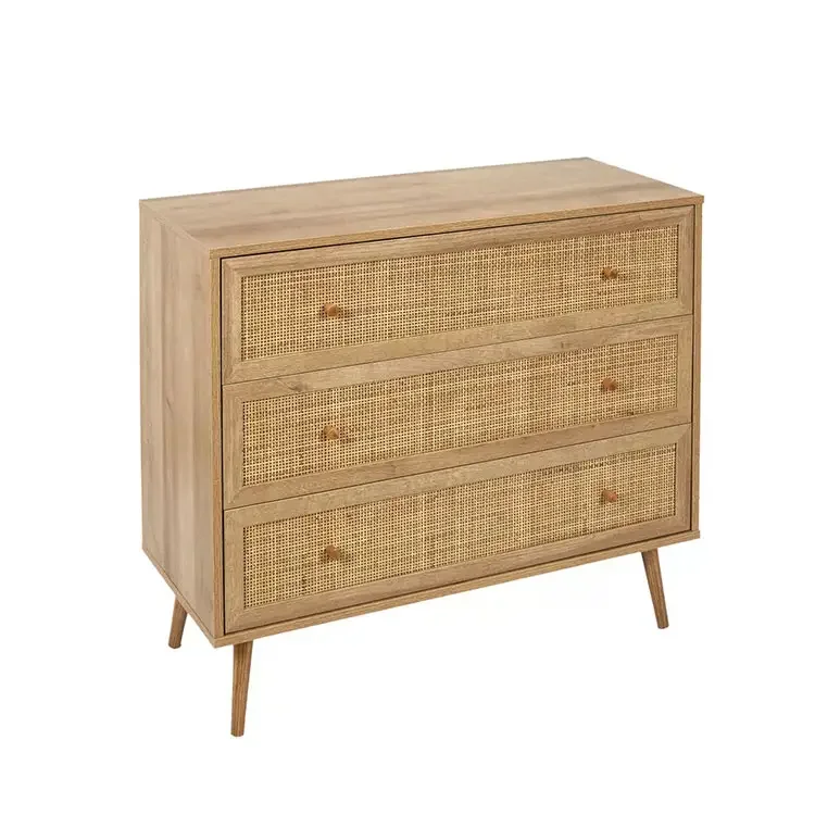 Modern cheap rattan living room cabinet furniture 3 Tier wood Chest of Drawers, rattan dresser side cabinet with storage drawer