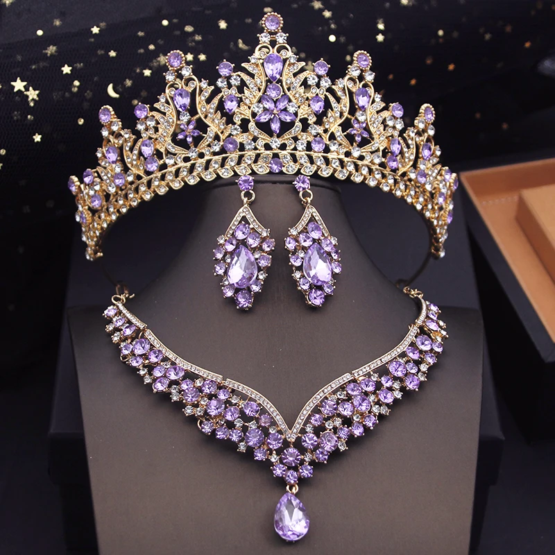 LUOXIN Wholesale 3 Set Crystal Royal Queen Bridal Crown Wedding Bridal Tiaras Necklace Earring Set