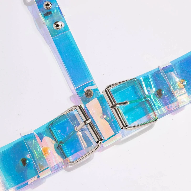 Women Laser Multicolor PVC Holographic Harness Belt Gothic Body Caged Iridescent Harness With Buckles
