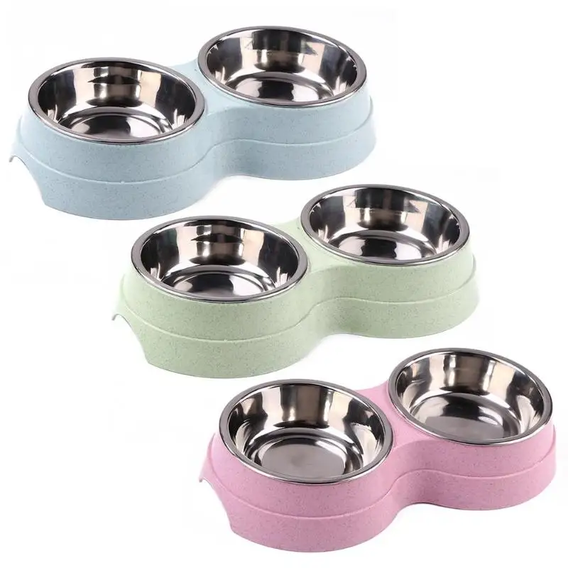 
Pet double bowls kitten food water feeder stainless steel small dogs cats drinking dish feeder for pet supplies feeding bowls 