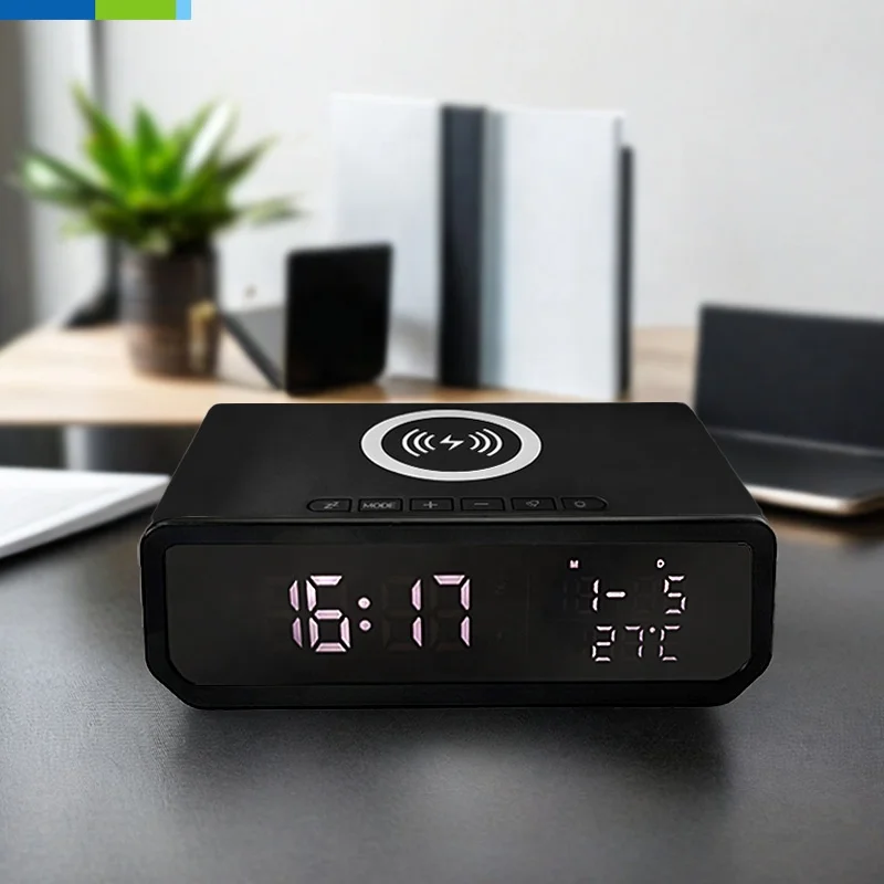 10W Wireless Qi 3.0 Charging Table Clock with Temperature and Humidity 10W Desktop Office Use Electric Alarm Office Motive